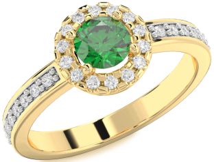 Diamond Emerald Gold Halo Round Solitaire Pave Engagement Ring