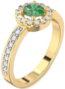 Diamond Emerald Gold Halo Round Pave Engagement Ring