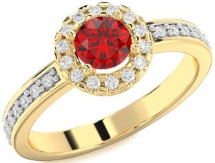 Diamond Ruby Gold Halo Round Solitaire Pave Engagement Ring