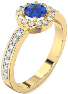 Diamond Blue Sapphire Gold Halo Round Pave Engagement Ring