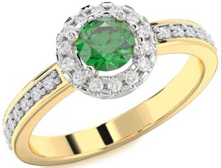 Diamond Emerald White Yellow Gold Halo Round Solitaire Pave Engagement Ring