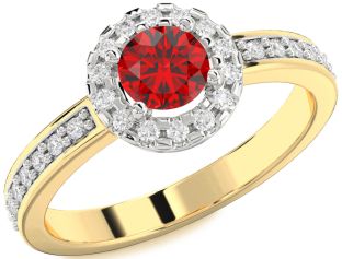 Diamond Ruby White Yellow Gold Halo Round Solitaire Pave Engagement Ring