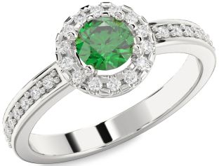 Diamond Emerald Platinum Halo Round Solitaire Pave Engagement Ring