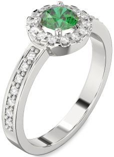 Diamond Emerald White Gold Halo Round Pave Engagement Ring