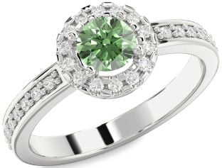 Green Diamond Silver Halo Round Pave Engagement Ring