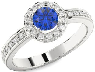 Diamond Blue Sapphire Silver Halo Round Pave Engagement Ring