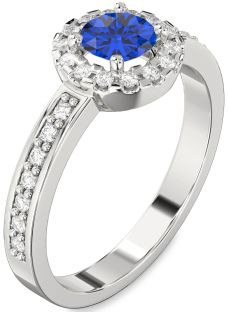 Diamond Blue Sapphire Platinum Halo Round Pave Engagement Ring