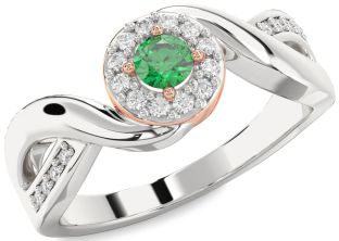Diamond Emerald Silver & 10K Rose Gold Round Promise Ring