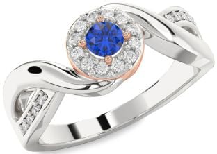 Diamond Blue Sapphire Platinum & Rose Gold Halo Round Promise Ring