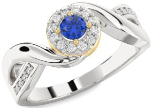 Diamond Blue Sapphire Platinum & Yellow Gold Halo Round Promise Ring