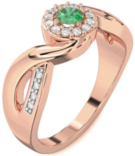 Diamond Emerald Rose Gold Halo Round Promise Ring