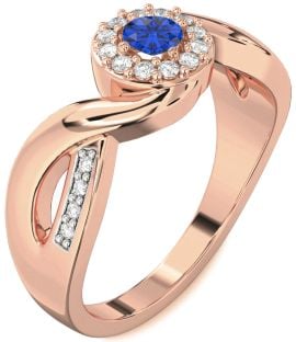 Diamond Blue Sapphire Rose Gold Halo Round Promise Ring
