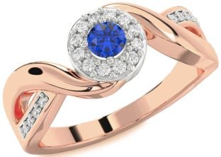 Diamond Blue Sapphire Platinum & Rose Gold Halo Round Promise Ring