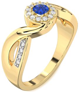Diamond Blue Sapphire Gold Halo Round Promise Ring