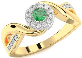 Diamond Emerald Platinum & Yellow Gold Round Promise Ring