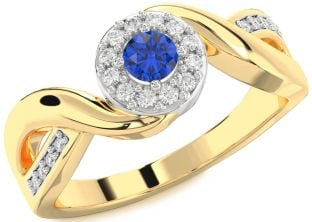 Diamond Blue Sapphire Platinum & Yellow Gold Halo Round Promise Ring