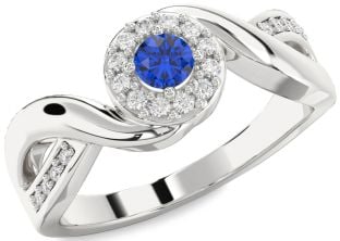 Diamond Blue Sapphire Platinum Halo Round Promise Ring