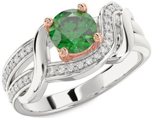 Diamond Emerald Silver & 10K Rose Gold Round Solitaire Engagement Ring