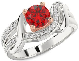 Diamond Ruby Silver & 10K Rose Gold Round Solitaire Engagement Ring