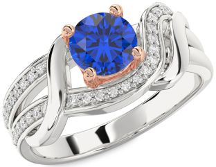 Diamond Blue Sapphire Platinum & Rose Gold Round Solitaire Engagement Ring