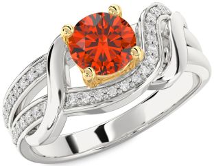 Diamond Fire Opal Gold Silver Round Solitaire Engagement Ring