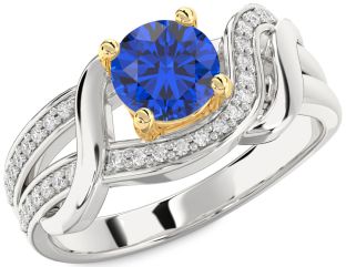 Diamond Blue Sapphire Platinum & Yellow Gold Round Solitaire Engagement Ring