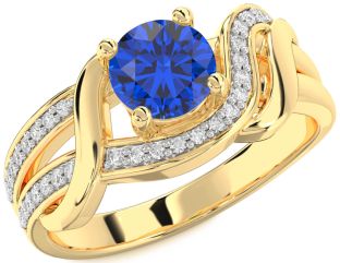 Diamond Blue Sapphire Gold Round Solitaire Engagement Ring