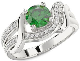 Diamond Emerald Platinum Round Solitaire Engagement Ring
