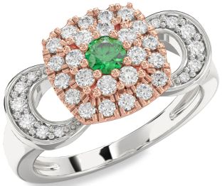 Diamond Emerald Silver & 10K Rose Gold Round Promise Ring