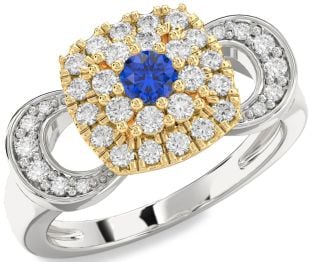Diamond Blue Sapphire Platinum & Yellow Gold Halo Round Promise Ring