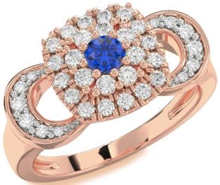 Diamond Blue Sapphire Rose Gold Halo Round Promise Ring