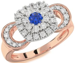 Diamond Blue Sapphire White Rose Gold Halo Round Promise Ring