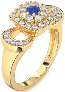 Diamond Blue Sapphire Gold Halo Round Promise Ring