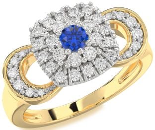 Diamond Blue Sapphire White Yellow Gold Halo Round Promise Ring