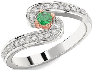 Diamond Emerald Silver & 10K Rose Gold Round Promise Ring