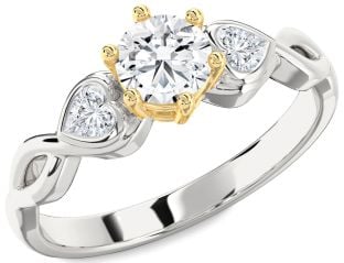 Diamond Silver & 10K gold Heart Three Stone Engagement Ring