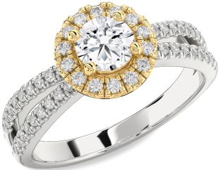 Diamond Silver & 10K gold Halo Round Pave Engagement Ring