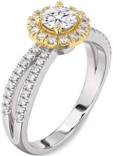 Diamond Silver & 10K gold Halo Round Pave Engagement Ring
