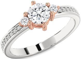 Diamond Silver & 10K Rose Gold Round Three Stone Pave Engagement Ring
