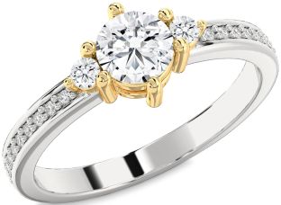 Diamond Silver & 10K gold Round Three Stone Pave Engagement Ring