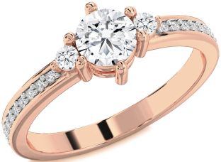 Diamond Rose Gold Silver Round Three Stone Pave Engagement Ring