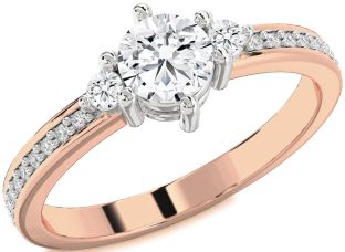 Diamond Rose Gold Silver Round Three Stone Pave Engagement Ring
