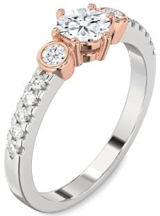 Diamond Silver & 10K Rose Gold Round Three Stone Engagement Ring