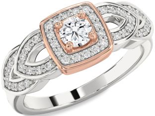 Diamond Silver & 10K Rose Gold Halo Round Promise Ring