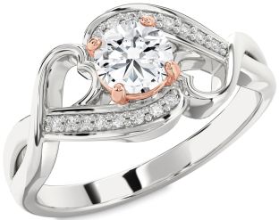 Diamond Silver & 10K Rose Gold Heart Solitaire Engagement Ring