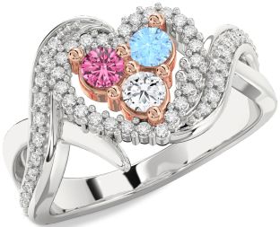 Diamond Platinum & Rose Gold Heart Three Stone Mother's Ring