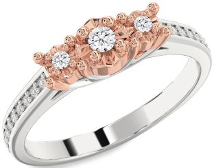Diamond Silver & 10K Rose Gold Round Three Stone Engagement Ring