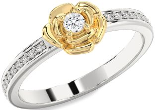 Diamond Silver & 10K gold Flower Round Pave Promise Ring