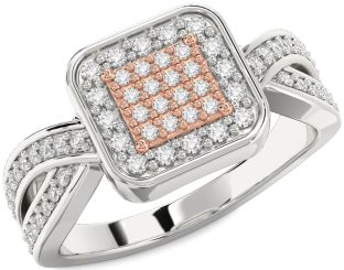 Diamond Silver & 10K Rose Gold Round Pave Promise Ring