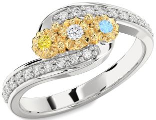 Diamond Silver & 10K gold Round Two Stone Mother's Ring